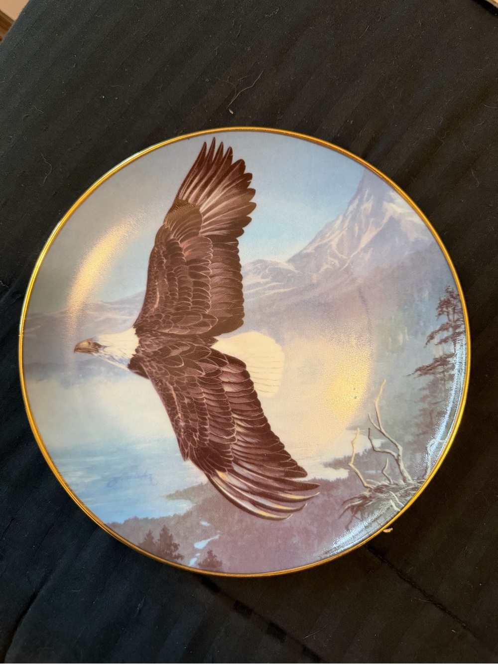Decorative Eagle Flying Collector Plate in Blue and Brown with Gold Trim